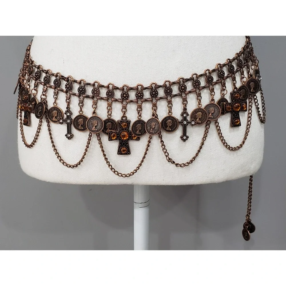 Elizabeth II DE Gratia Vintage Chain Waist Belt Coin Cross Gothic Renaissance